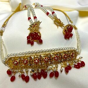 Pakistani Indian wedding jewelry beads stone chukar necklace red color #51